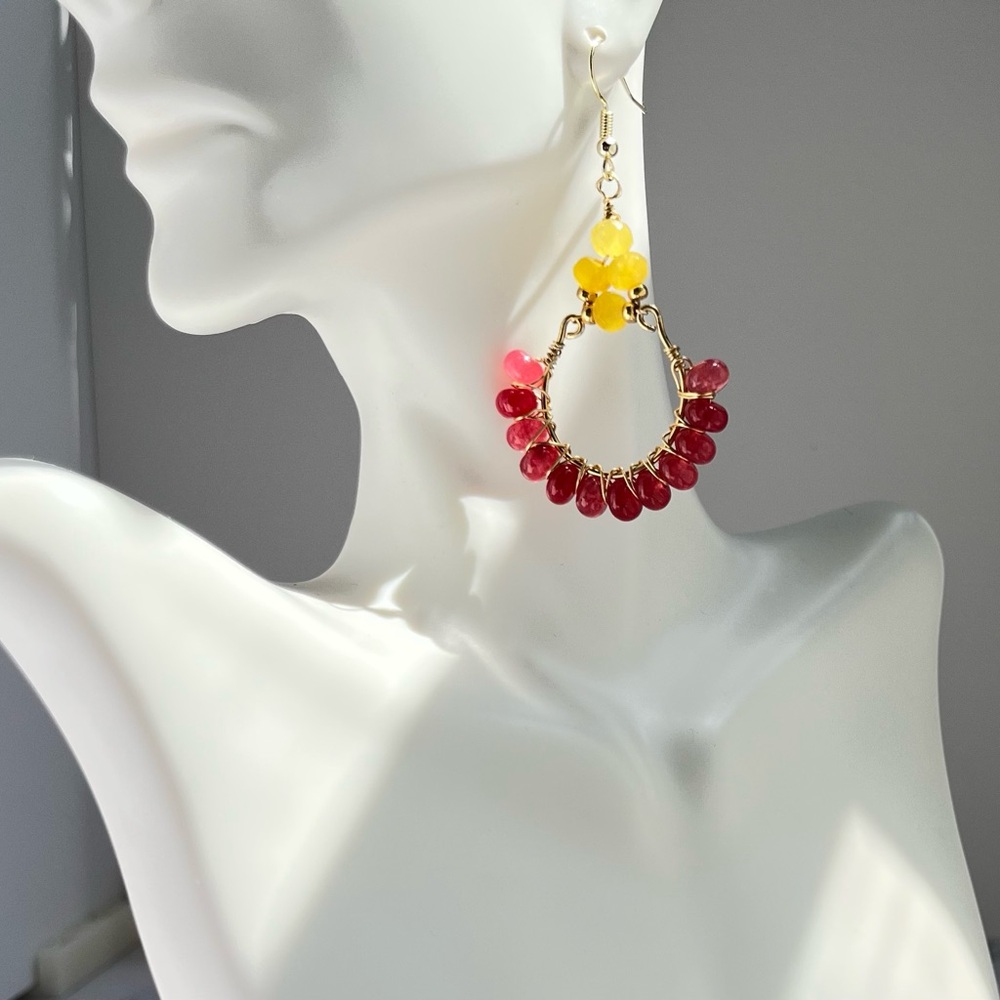 Handmade Red Jade Dangle Earrings: Gold-Toned Wire Wrapped Citrine Boho Jewelry